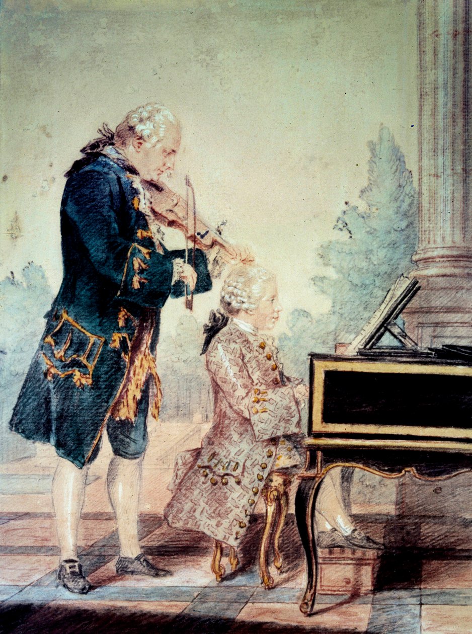 Wolfgang Amadeus Mozart (1756-1791) 与父亲 Leopold 一起弹钢琴的孩子””Louis Carrogis Carmontelle 的水彩画（1717-1806）1777 年巴黎，Carnavalet 博物馆 作者 卡蒙泰尔