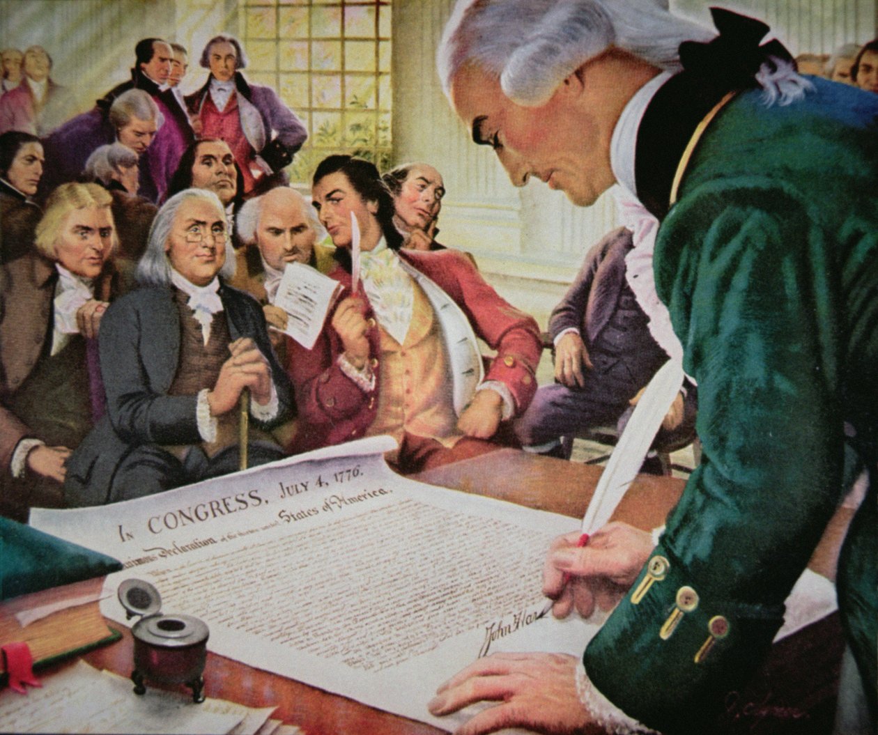约翰-汉考克（1737-93）签署《美国独立宣言》，1776年7月4日（彩色平印）。 作者 （之后）美国学校