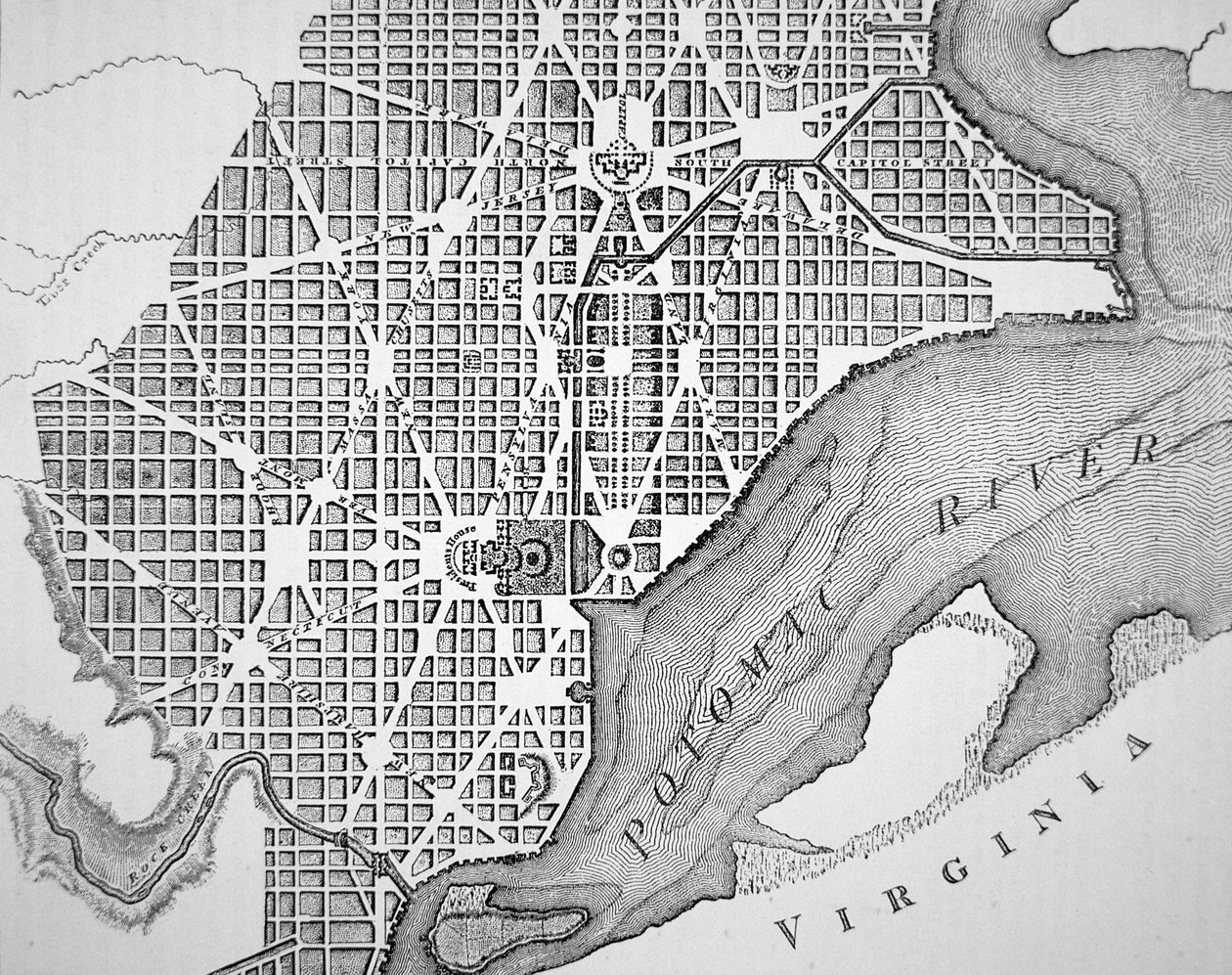 华盛顿市1793年的原始规划图（雕刻）。 作者 （之后）美国学校