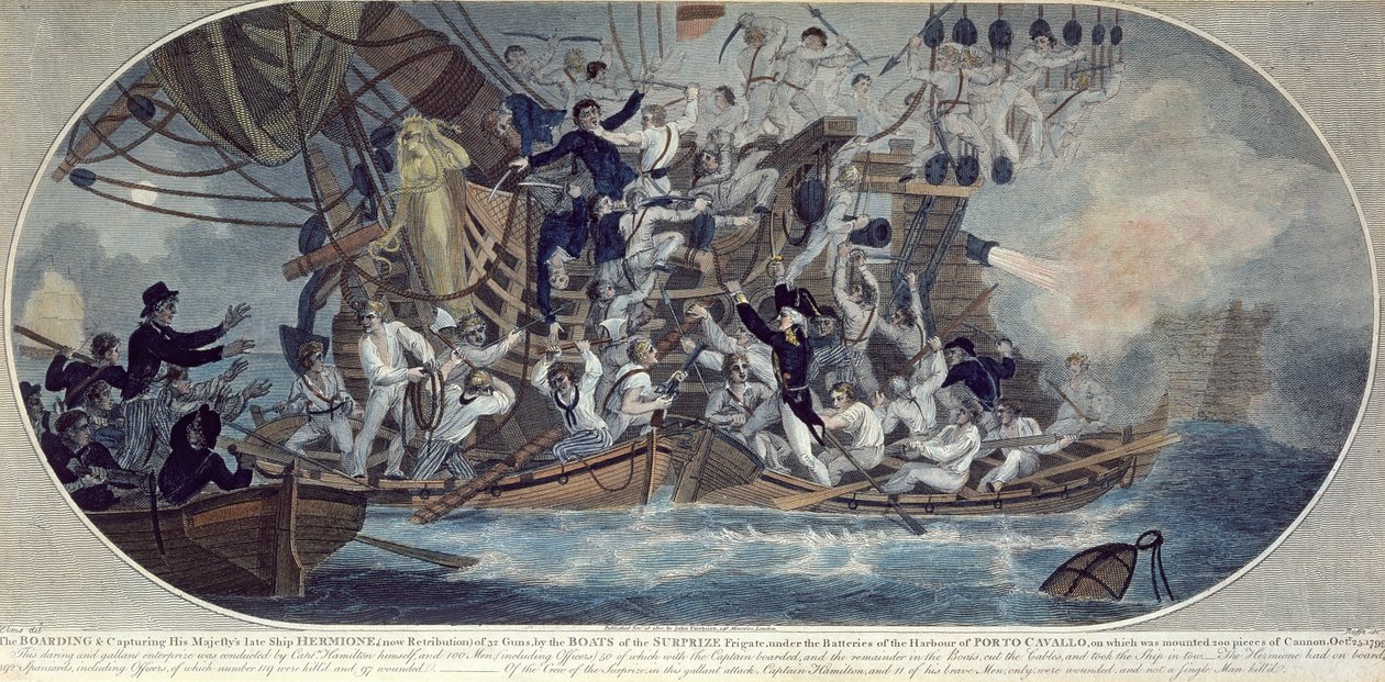 1799 年 10 月 25 日，登上并俘获国王陛下已故的船只赫敏号（现称报应号），由罗夫雕刻（彩色蚀刻） 作者 （后）榆树