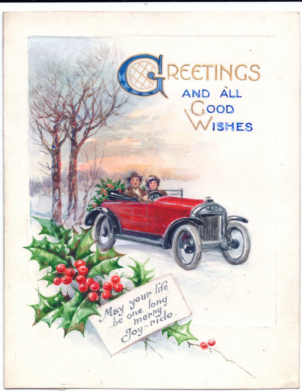 Original artwork for a Christmas card of a red car and holly, circa 1951 作者 （之后）英语学校