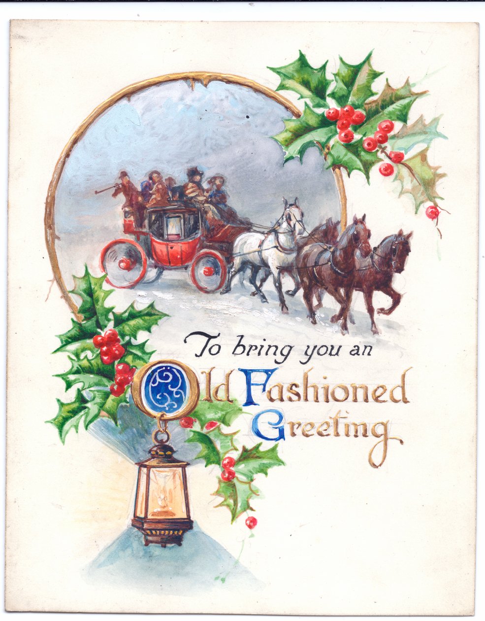 Original artwork for a Christmas card of a stagecoach, lantern and holly, circa 1952 作者 （之后）英语学校
