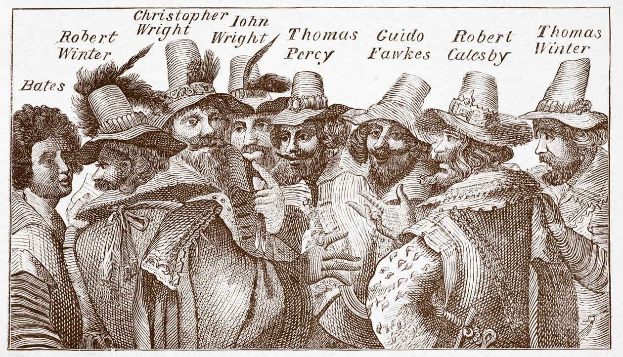 火药阴谋的阴谋者，根据1606年的雕版画（雕刻）。 作者 （之后）英语学校