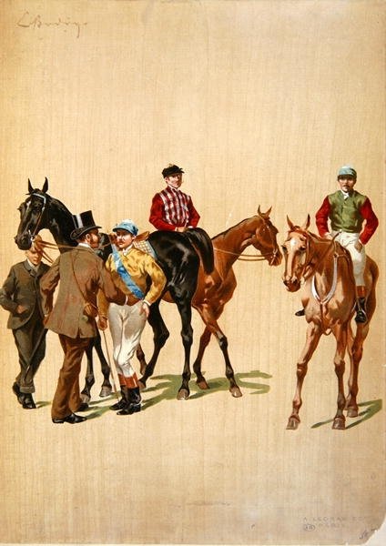 赛马场上的骑师，约1875年（彩色平印）。 作者 （之后）法国学校