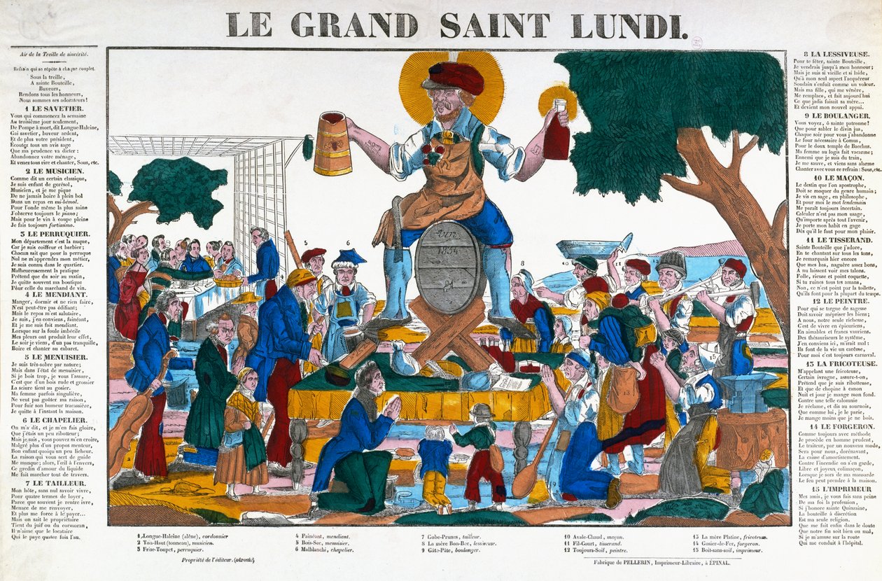 Le Grand Saint Lundi, Holy Monday, cartoon on workers and tradesmen who devote Mondays to alcohol instead of their work, mid 19th century (colour litho) 作者 （之后）法国学校