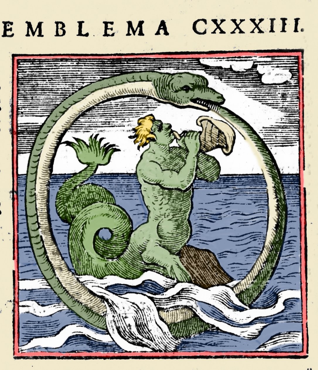 一个三叉戟和一个乌洛波洛斯，安德里亚-阿尔恰蒂的插图 "Emblemata"（Emblematum libellus）（彩色平印）。 作者 （之后）意大利学校