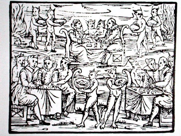 巫师的盛宴，来自米兰1608年M-Guaccius神父的 "Compendium Maleticarum "的插图副本，用于19世纪末出版的《魔法史》（木刻）。 作者 （之后）意大利学校