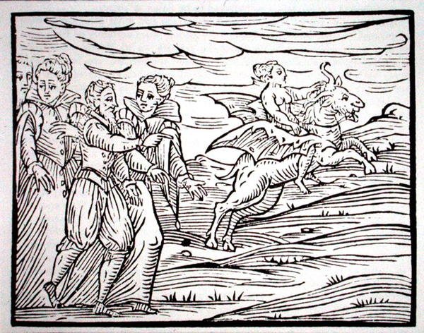 女巫骑着一只邪恶的山羊，这是1608年米兰F-Guaccius先生的《Maleticarum汇编》中的一幅插图的副本，用于19世纪末出版的《魔法史》（木刻）。 作者 （之后）意大利学校