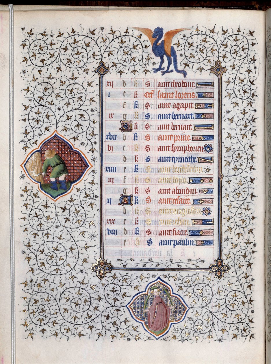 手稿页面 "Les Tres Riches Hours du Duke Francois de Guise "装饰了十二星座和农业工作的代表，即收获。Boucicaut大师的微型画 作者 （和工作坊）Boucicaut Master