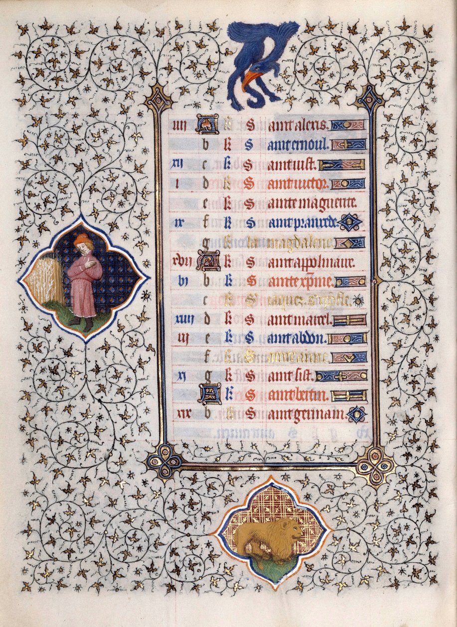 由Boucicaut大师放大的 "Les Tres Riches Hours du Duke Francois de Guise "手稿中的一页：十二星座和日常生活场景的表现：狮子。15世纪。康德博物馆，尚蒂伊 作者 （和工作坊）Boucicaut Master