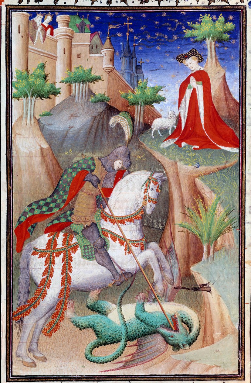 由Boucicaut大师放大的 "Les Tres Riches Hours du Duke Francois de Guise "手稿中的一页：圣乔治和龙的图案。15世纪。康德博物馆，尚蒂伊 作者 （和工作坊）Boucicaut Master