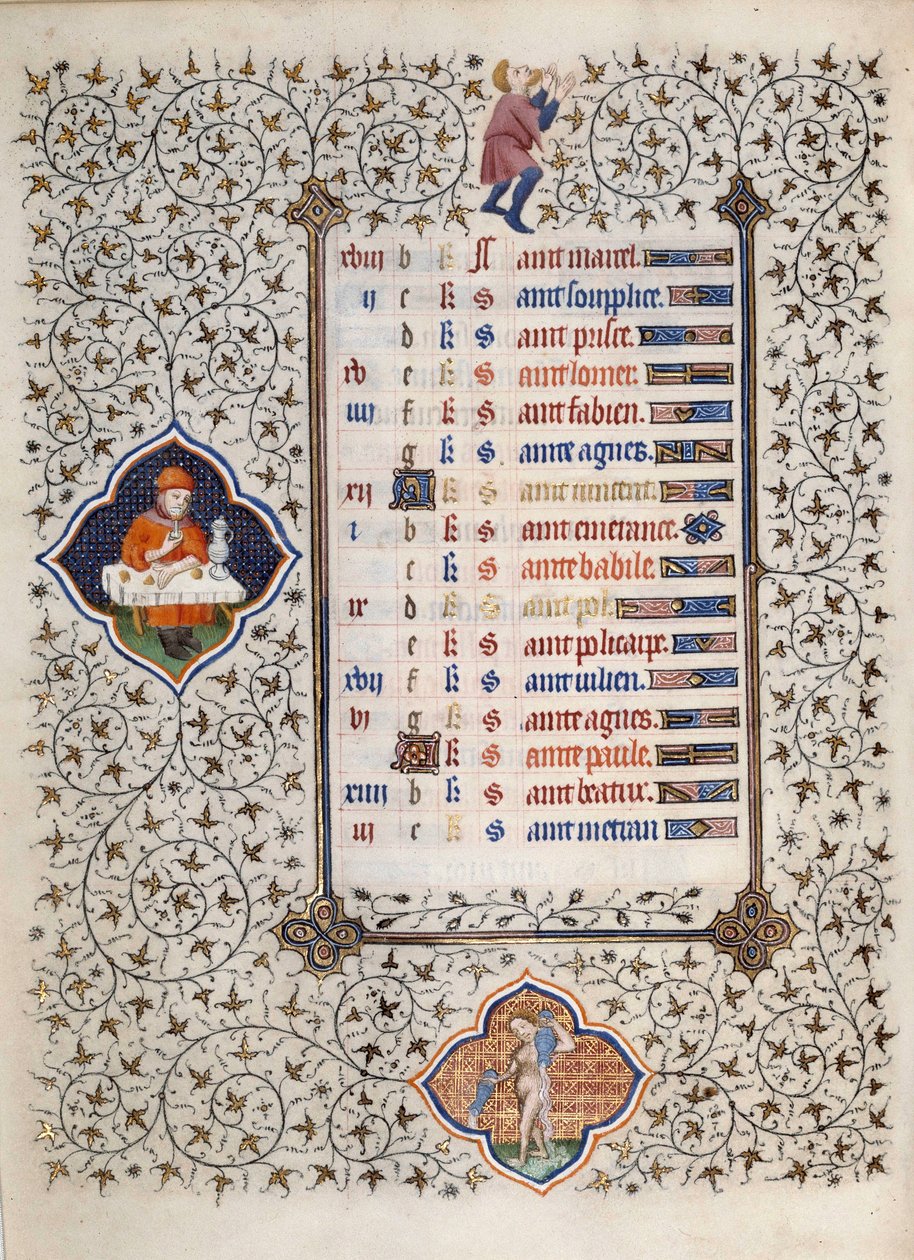 由Boucicaut大师放大的 "Les Tres Riches Hours du Duke Francois de Guise "手稿中的一页：表现黄道十二宫和日常生活场景：水瓶座和一个吃饭场景。15世纪。康德博物馆，尚蒂伊 作者 （和工作坊）Boucicaut Master