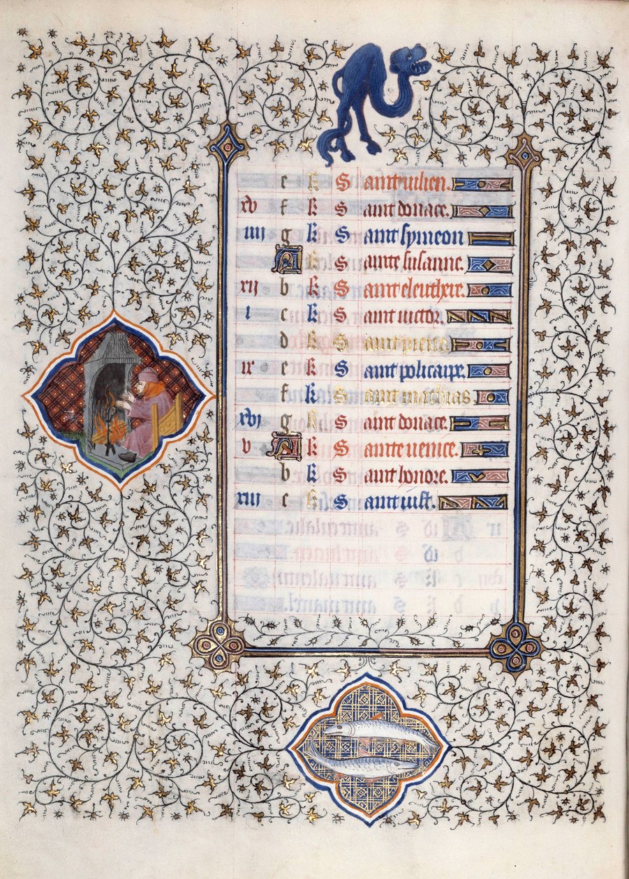 由Boucicaut大师放大的手稿 "Les Tres Riches Hours du Duke Francois de Guise "中的一页：表现了黄道十二宫和日常生活的场景：鱼和一个在烟囱前取暖的人。15世纪。缪斯 作者 （和工作坊）Boucicaut Master
