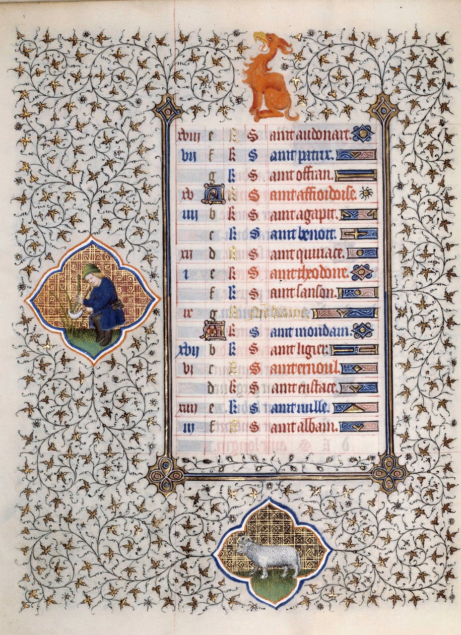 由Boucicaut大师放大的手稿 "Les Tres Riches Hours du Duke Francois de Guise "中的一页：表现黄道十二宫和日常生活的场景：Belier和一个正在割柳条的男人。15世纪。康德博物馆，尚蒂伊 作者 （和工作坊）Boucicaut Master