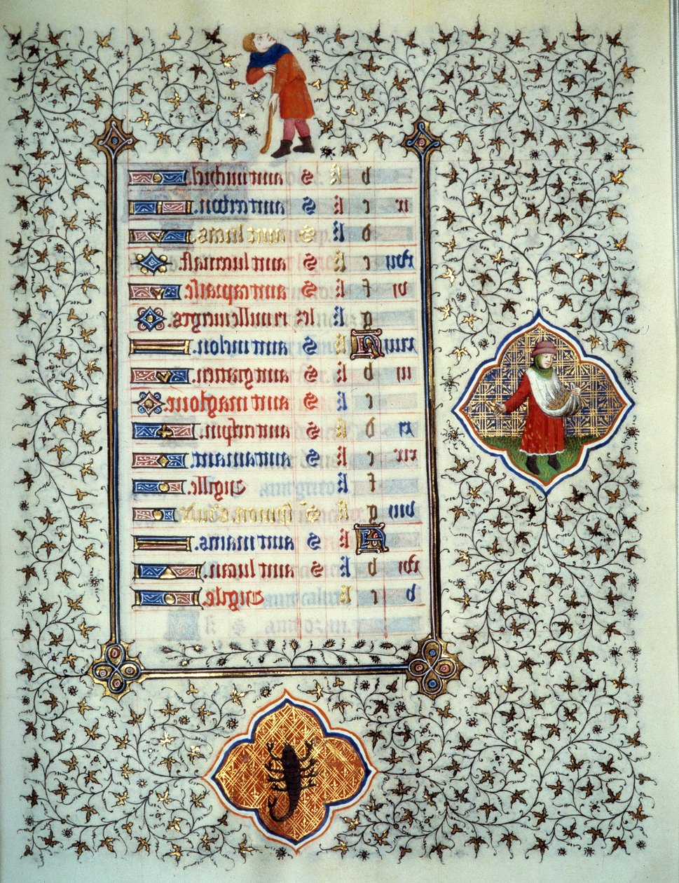 由Boucicaut大师放大的 "Les Tres Riches Hours du Duke Francois de Guise "手稿中的一页：表现黄道十二宫和日常生活场景：蝎子和种植业。15世纪。康德博物馆，尚蒂伊 作者 （和工作坊）Boucicaut Master