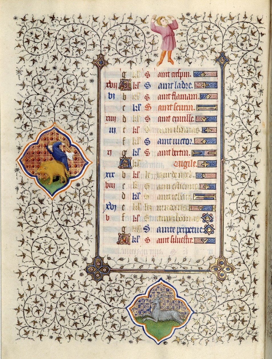 由Boucicaut大师放大的手稿 "Les Tres Riches Hours du Duke Francois de Guise "中的一页：表现黄道十二宫和日常生活的场景：摩羯座和猎杀野猪。15世纪。康德博物馆，C 作者 （和工作坊）Boucicaut Master