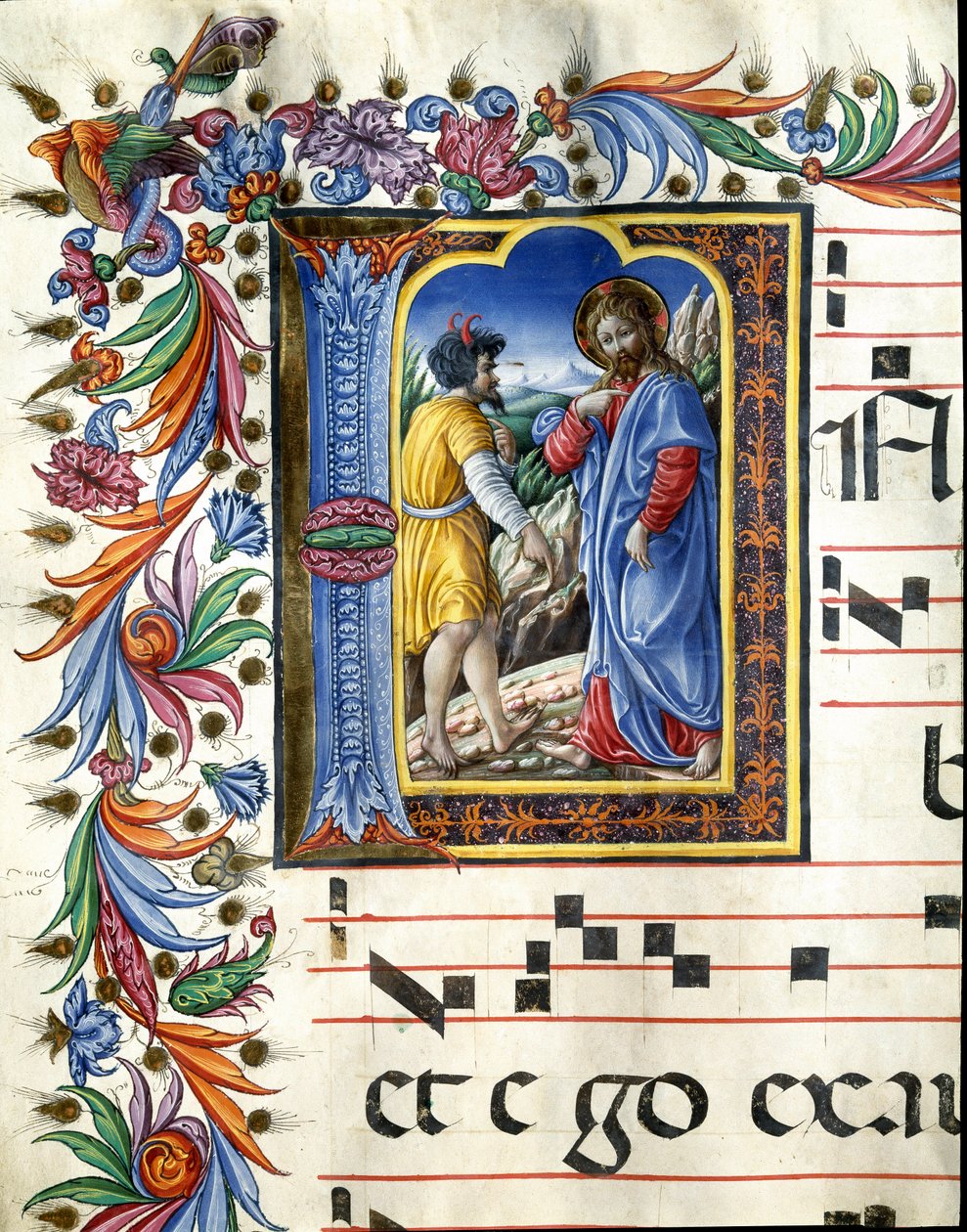 描绘基督受诱惑的装饰画 维罗纳（Liberale da Verona，1445-1529）的微型画，出自锡耶纳大教堂的唱诗班（Cod. 20/5. c.45v）。15世纪的意大利锡耶纳大教堂（Duomo）。 作者 （c.1445 1527）自由主义者达维罗纳