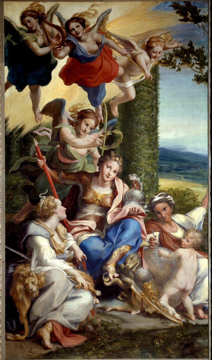 美德的寓言。安东尼奥-阿莱格里（Antonio Allegri detto Il Correggio，或称Le Correge 1489-1534）16世纪的画作。尺寸。0,88x1,48米。 作者 (c.1489-1534) 科雷焦