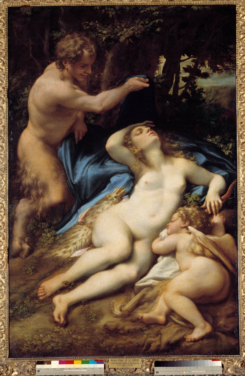 维纳斯、萨蒂尔和丘比特绘画，安东尼奥·阿莱格里 (dit Correggio 或 Le Correge 1489-1534) 1525 年 1.88x1.25米 作者 (c.1489-1534) 科雷焦