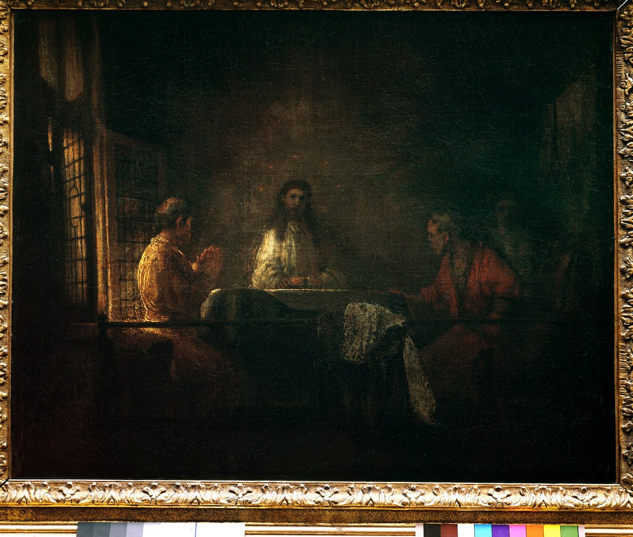 The pilgrims of Emmaus Christ appears to the pilgrims sitting at a table in an inn in Emmaus. Painting of the workshop of Harmensz van Rijn dit Rembrandt (1606-1669) 作者 伦勃朗·哈门斯工作室。范里恩