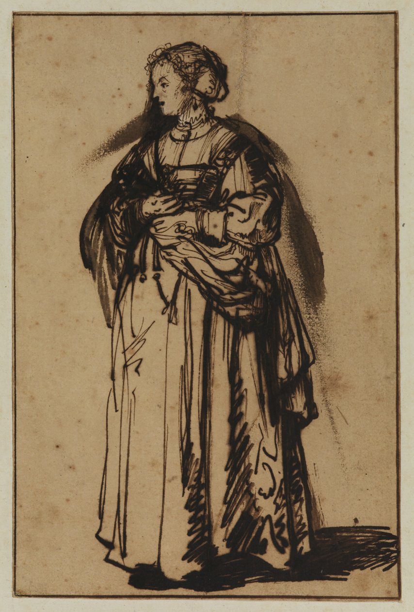 艺术家的妻子萨斯基亚站着，手里拿着鲜花 作者 伦勃朗·哈门斯 (Rembrandt Harmensz) 的工作室。范赖恩