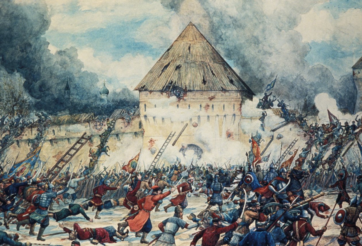 1612年在莫斯科Kitai-Gorod（中国城）的弗拉基米尔门与波兰干预主义者对战，由L，Lissner拍摄。 作者 不明