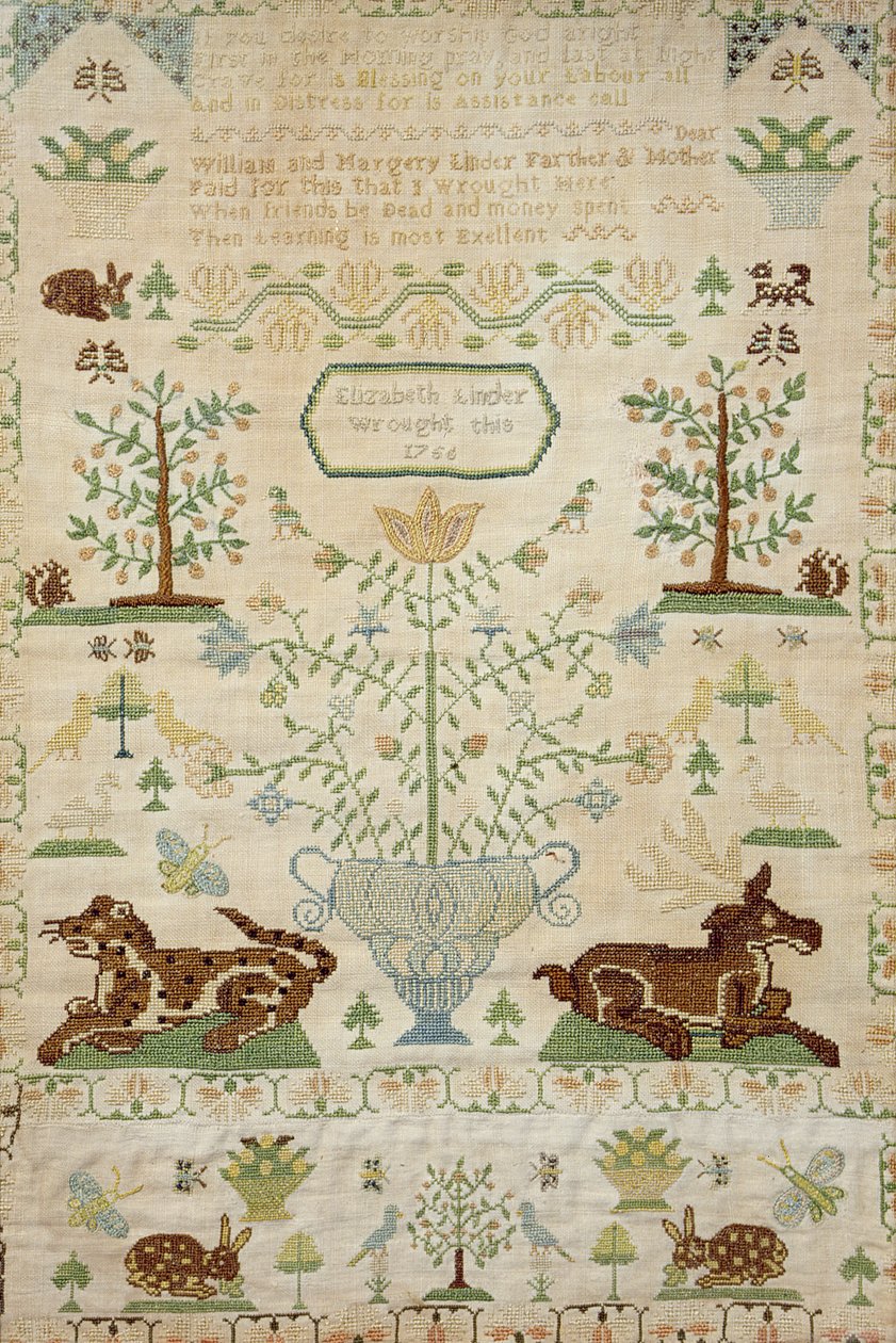 带有祈祷的十字绣采样器，由Elizabeth Linder工作，1756年（丝绸制品） 作者 不明