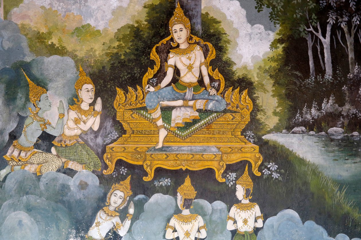 描绘佛教生活的场面的壁画在Wat Phra Doi Suthep，清迈。泰国 作者 不明