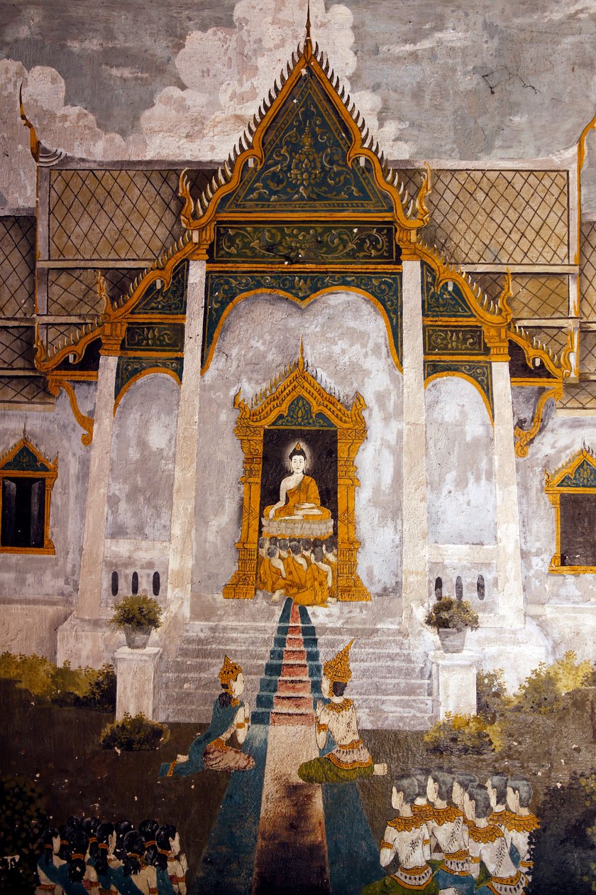描绘佛教生活的场面的壁画在Wat Phra Doi Suthep，清迈。泰国 作者 不明