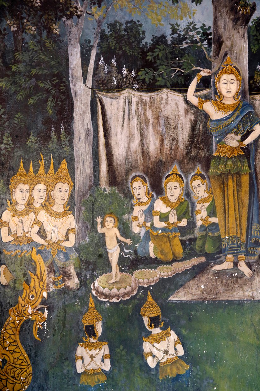 描绘佛教生活的场面的壁画在Wat Phra Doi Suthep，清迈。泰国。佛像小时候。 [R 作者 不明