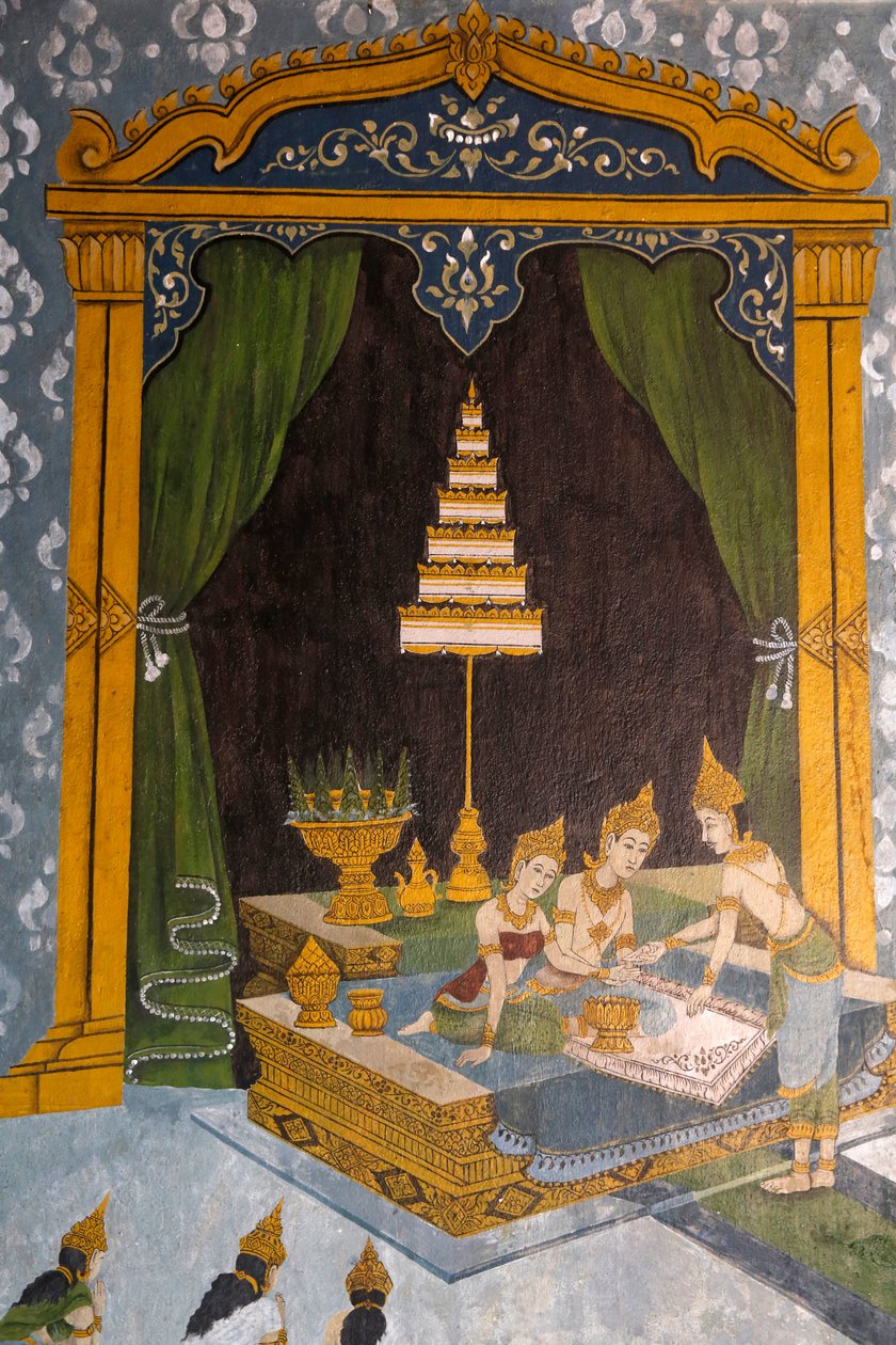 描绘佛教生活的场面的壁画在Wat Phra Doi Suthep，清迈。作为王子的年轻菩萨。泰国 作者 不明