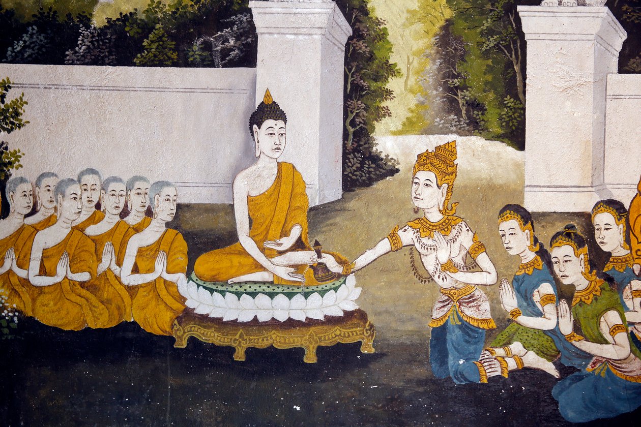 描绘佛教生活的场面的壁画在Wat Phra Doi Suthep，清迈。佛接受施舍。泰国 作者 不明