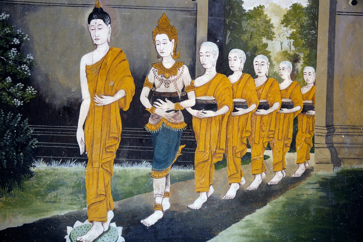 描绘佛教生活的场面的壁画在Wat Phra Doi Suthep，清迈。菩萨和修士在alm圆。泰国 作者 不明