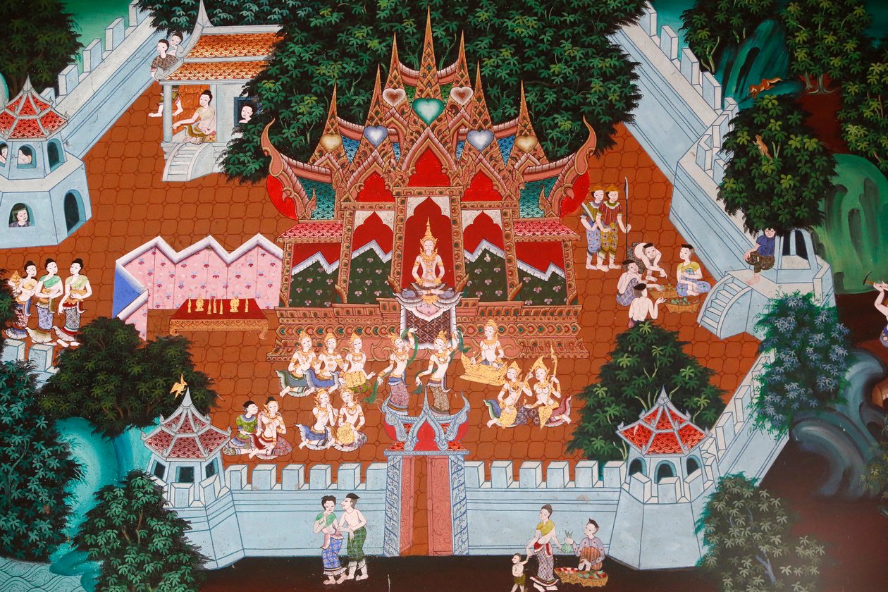 壁画在Wat Ampharam，华欣，泰国。 Temiya Jataka，也被命名为Muga-Pakkha Jataka，佛陀前人之一。 作者 不明