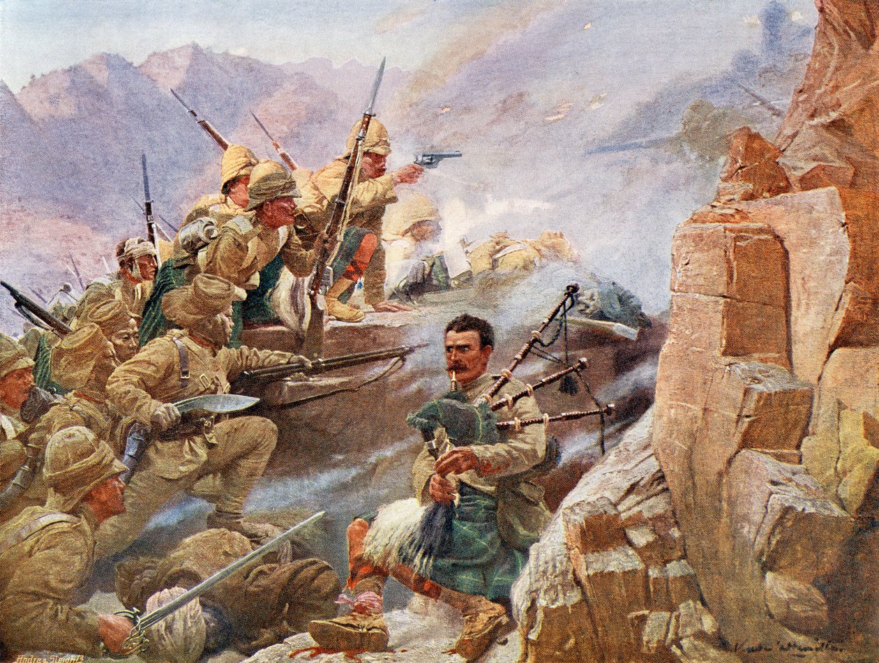 Gurkhas手持他们的kukri或khukuri，一把带有向内弯曲刀片的尼泊尔刀，以及1897年在Tirah Campaign期间袭击Dargai Heights的Gordon Highlanders成员 作者 不明