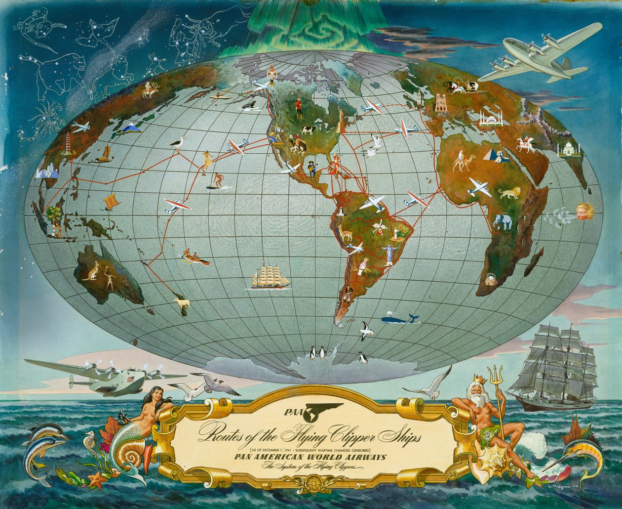 世界手稿地图 - 泛美世界航空公司，c.1942 作者 不明