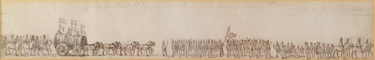 游行队伍将皇家海军夺取的西班牙钱币运往英格兰银行，1799年（钢笔和水墨画） 作者 不明
