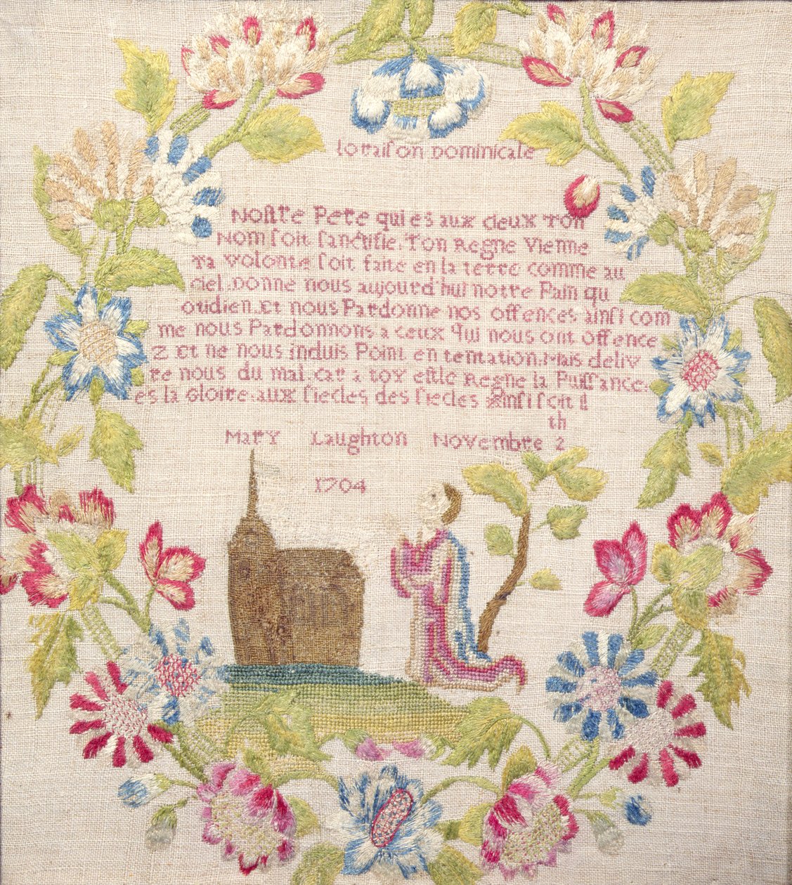 采用法国Lords Prayer拍摄跪姿的采样器，由Mary Laughton工作，1704年（丝绸工艺）Mary Laughton，1704 作者 不明