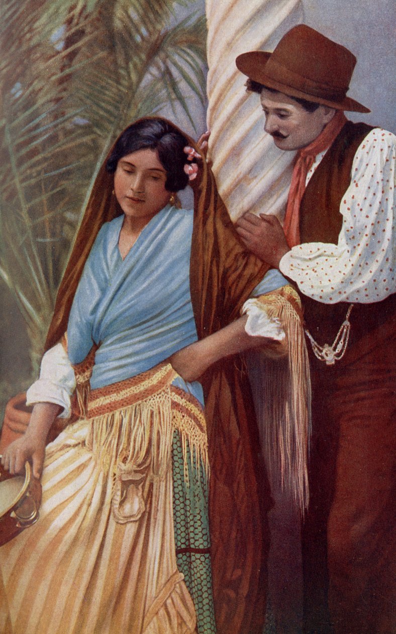 西班牙。西班牙语年轻夫妇在特性衣裳的。 1920 作者 不明