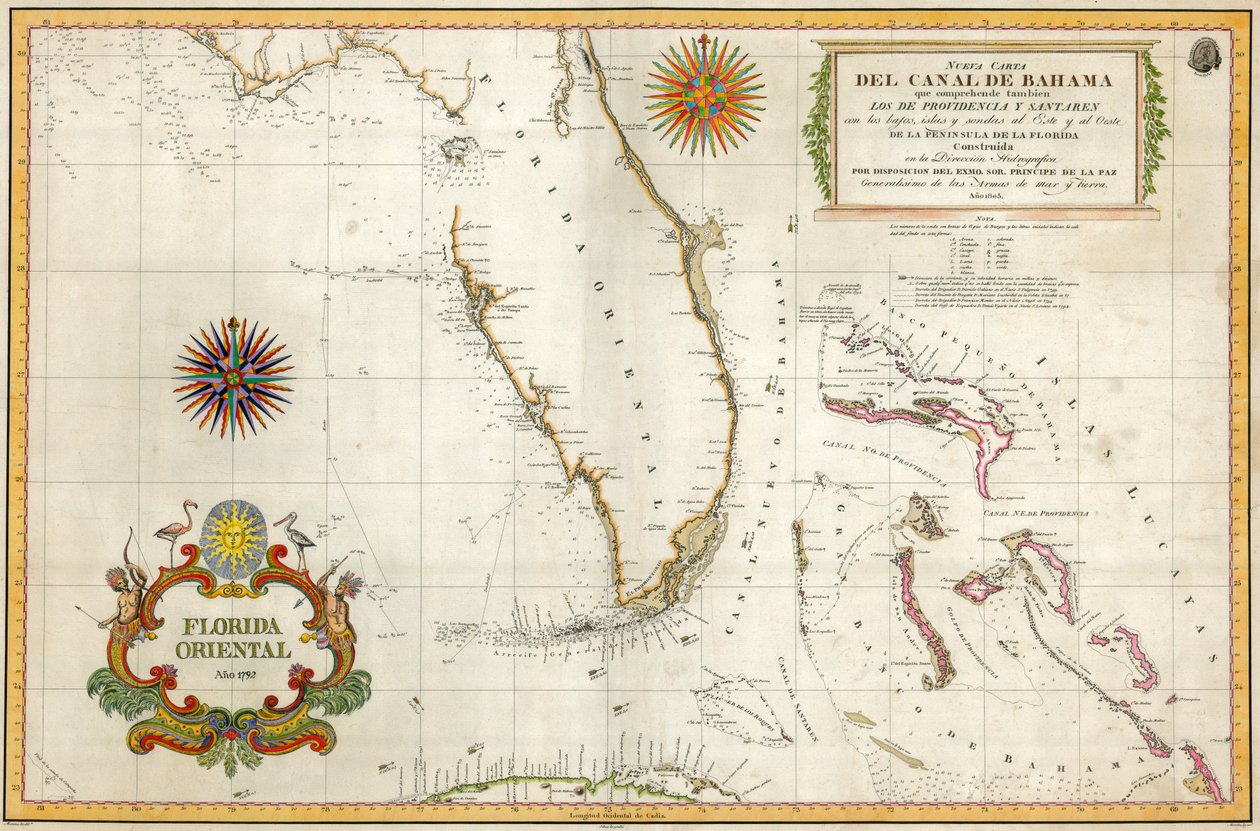 西班牙佛罗里达州和巴哈马地图，1805年（手工彩色雕刻） 作者 不明