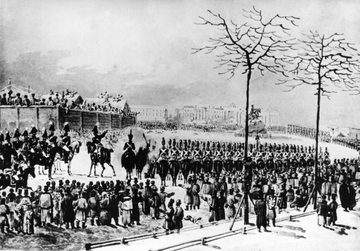 1825年的十二月起义，参议院广场，圣彼得堡，俄罗斯，沙皇尼古拉斯一世命令大炮于1825年12月14日在反叛者中被K，Kolman从旧水彩中解雇。 作者 不明