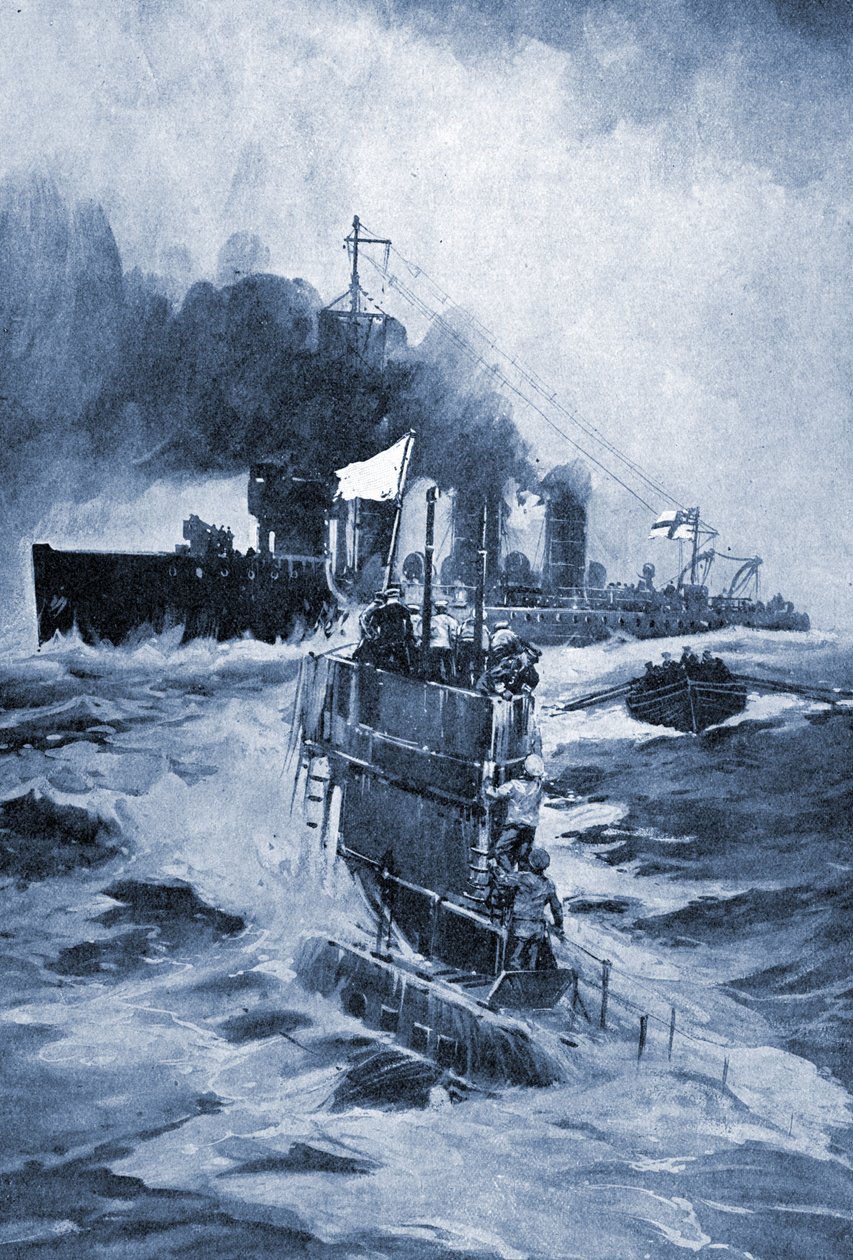 1914年，德国潜艇U 18在撞击后投降。 作者 不明