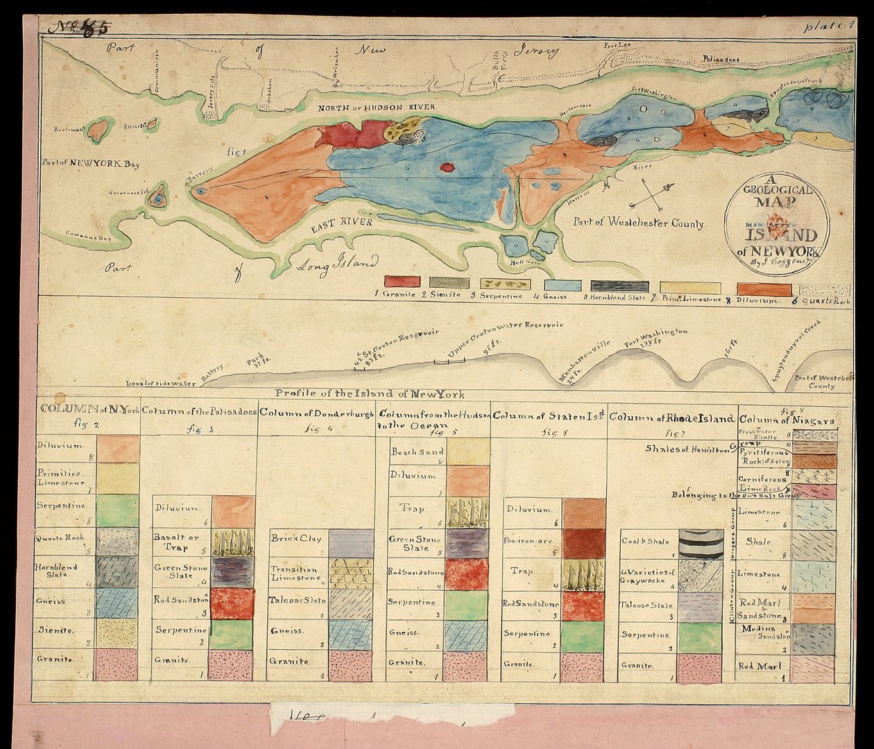 1842年纽约曼哈顿岛的地质图（手工彩色石版画安装在纸上） 作者 美国学校