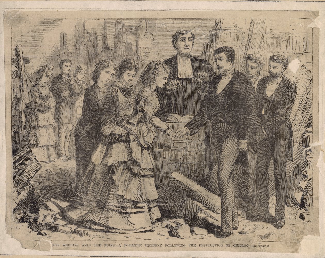 废墟中的婚礼 - 芝加哥破坏后的浪漫事件，1871年哈珀周刊的插图 作者 美国学校