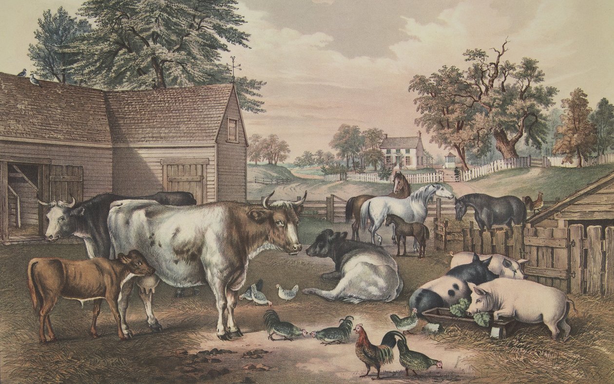 美国农场 - 晚上，酒吧。 1857年，Currier＆Ives 作者 美国学校