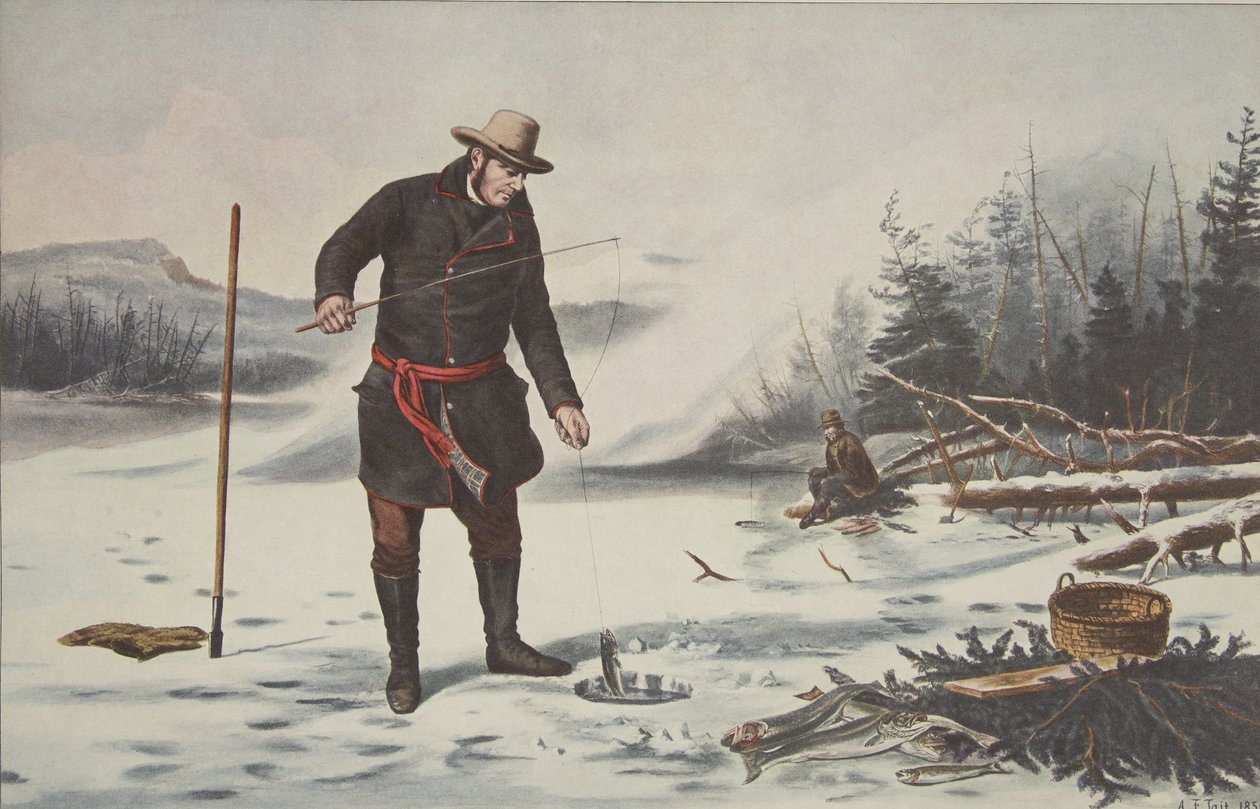 美国冬季运动 - 在Chateaugay湖（富兰克林县NY），酒吧的鳟鱼渔。 1856年，Currier＆Ives 作者 美国学校