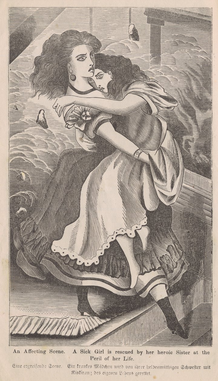 一个影响的场景，一个女人在1871年芝加哥大火期间救出她的妹妹的插图，来自乔治L.巴克莱的书，芝加哥的大火，1872年（木版画） 作者 美国学校