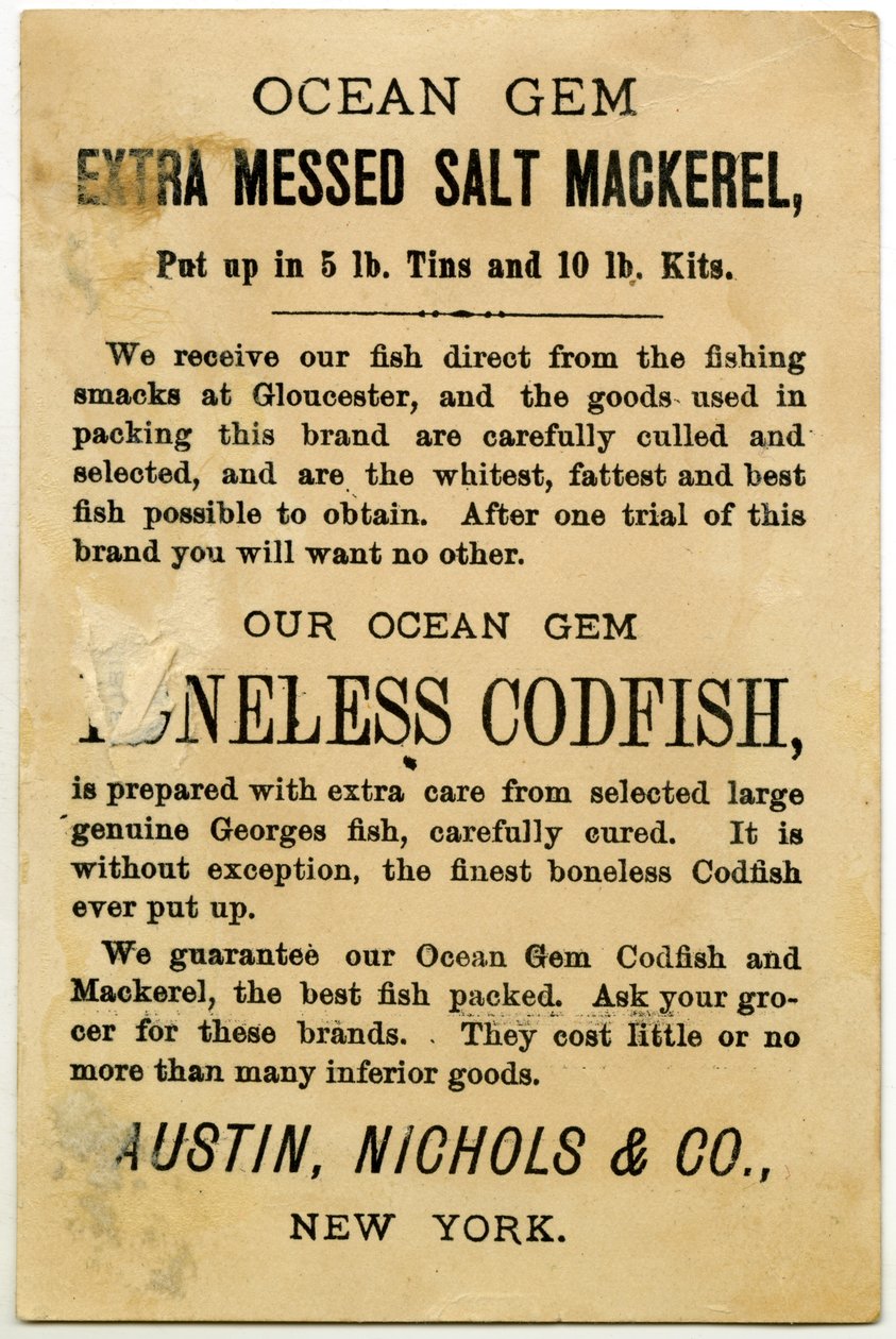 Austin，Nichols＆Co。Ocean Gem Mackerel，trade card verso。 （石版画[交易卡]） 作者 美国学校