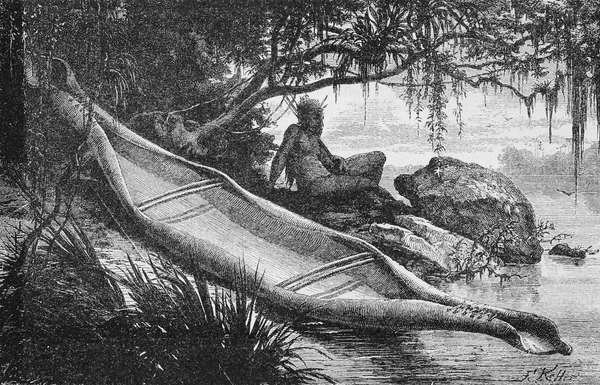 来自亚马逊河和马德拉河的野生印第安人的树皮独木舟，由Franz Keller，1874年创作 作者 美国学校