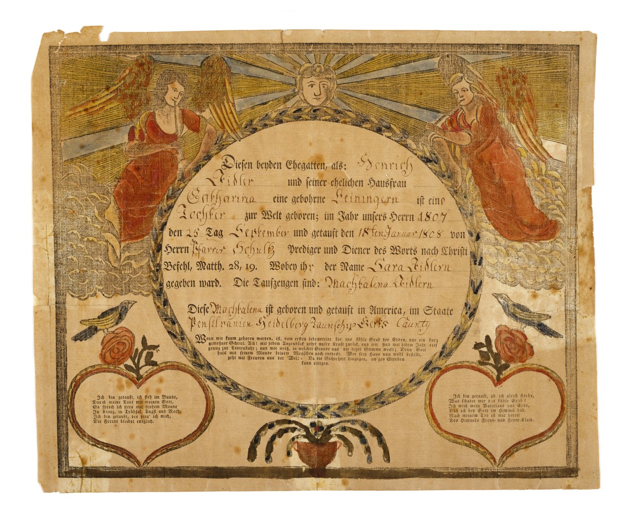 出生和洗礼证书，c。 1815年（手工彩色木版画在纸上） 作者 美国学校